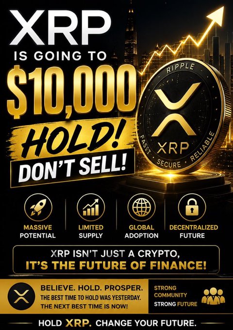 A bold XRP promotional graphic says “XRP is going to $10,000,” “HOLD! DON’T SELL!” and “Hold XRP. Change your future,” highlighting Ripple, limited supply, global adoption, and a decentralized future. It reinforces the post’s message to hold XRP and prioritize secure self-custody, though the $10,000 claim is speculative.