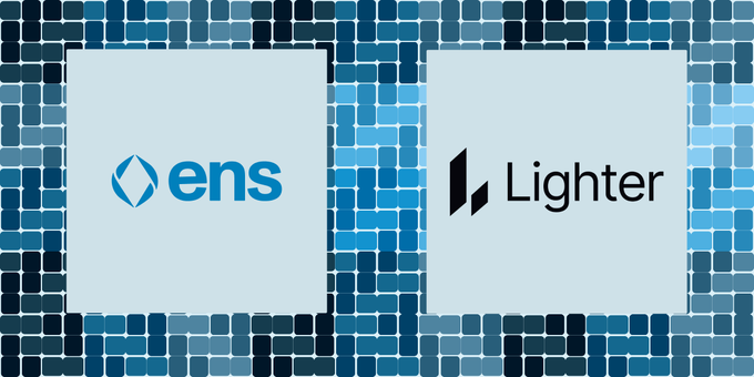The image shows two logos side by side on a blue mosaic tile background: the ENS logo (with its diamond-shaped icon and "ens" text) and the Lighter logo (featuring a geometric black icon and "Lighter" text), representing a partnership or collaboration between Lighter and ENS Domains.