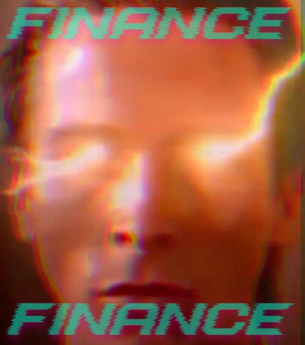 A distorted, glitch-art style image featuring a face with the word "FINANCE" displayed in cyan glitchy text both at the top and bottom.