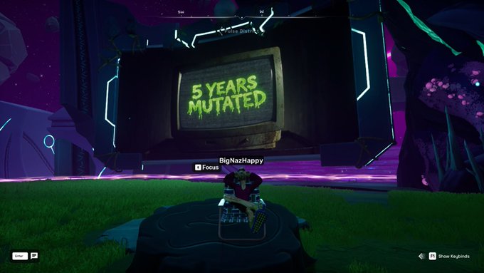 A screenshot from a video game showing a character ('BigNazHappy') standing in a green field facing a large retro TV monitor displaying green text '5 YEARS MUTATED,' set in a purple sci-fi landscape with neon accents.