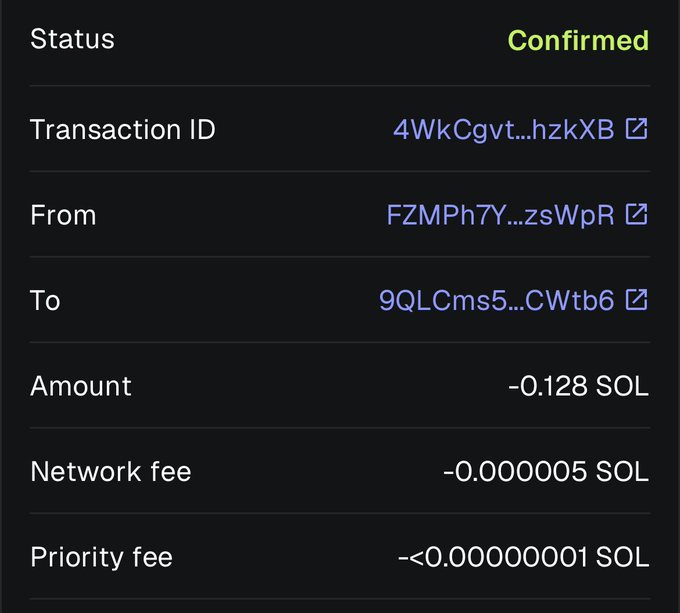 A Solana blockchain transaction confirmation showing a transfer of 0.128 SOL from wallet FZMPh7Y...zsWpR to 9QLCms5...CWtb6, with minimal network fees. The "Confirmed" status suggests the sender successfully paid to enter a raffle or contest referenced by the "Who's the next winner?" caption.