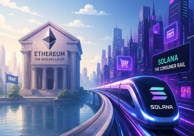 A digital artwork depicting Ethereum as 'The Reserve Layer' in a classical building alongside Solana labeled 'The Consumer Rail' represented by a futuristic train.
