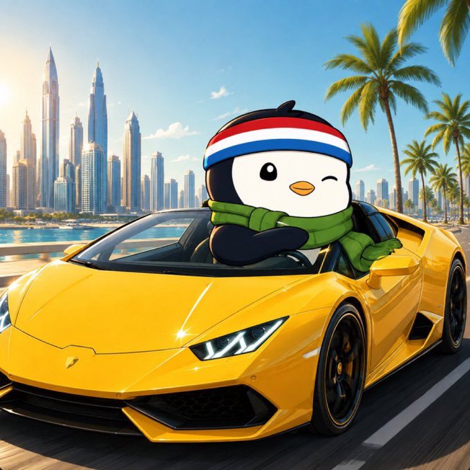 A cartoon penguin wearing a red, white, and blue striped headband and green scarf drives a yellow Lamborghini along a coastal road with palm trees and a city skyline in the background.