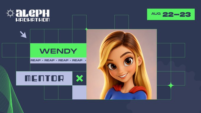A promotional graphic for the 'aleph HACKATHON' featuring a Disney-style illustration of a blonde female character labeled 'WENDY' as a 'MENTOR', scheduled for 'AUG 22-23'.