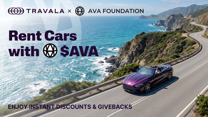An advertisement shows a purple convertible driving along a coastal road, featuring text for "TRAVALA x AVA FOUNDATION" promoting "Rent Cars with $AVA" and "ENJOY INSTANT DISCOUNTS & GIVEBACKS".