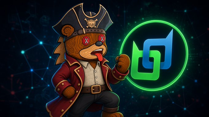 A cartoon bear dressed as a pirate with an eye-patch and tricorne hat stands next to a glowing green BitDNS (.bdx) logo, symbolizing the unification of wallet addresses, chat handles, and site hosts under a single BNS domain name.