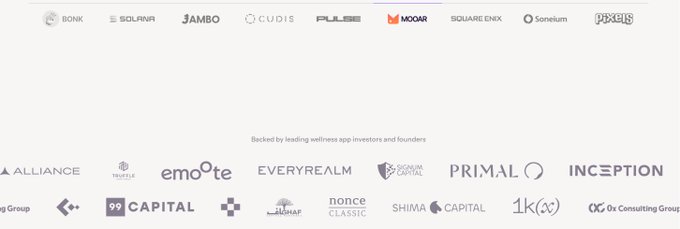 A collection of wellness app logos including BONK, SOLANA, JAMBO, CUDIS, PULSE, MOAR, SQUARE ENIX, Sanelium, and others, with the text 'Backed by leading wellness app investors and founders' and another row of investment firm logos below.