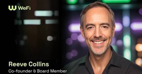 A professional headshot of Reeve Collins, identified as 'Co-founder & Board Member' of WeFi, smiling in a black shirt against a bokeh background.