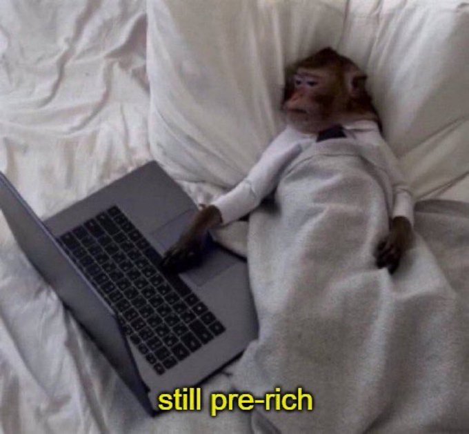 A monkey lies in bed with a laptop, captioned "still pre-rich," humorously reflecting the post's "Gm and happy new week" sentiment about continuing the grind toward financial success.