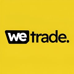 A yellow square logo displaying 'we trade.' with 'we' in a black speech bubble.