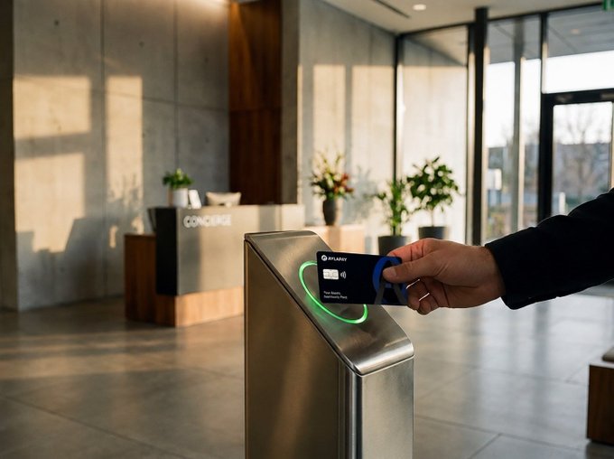 A hand taps an "AYLA PAY" card against a sleek metallic payment terminal glowing green in a modern lobby, illustrating the seamless integration of digital assets into everyday transactions that AylaPay aims to deliver.