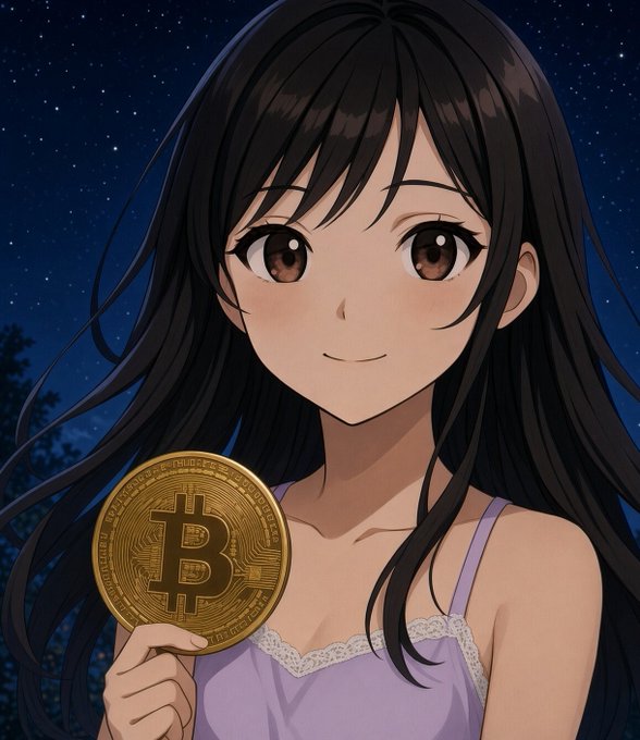 An anime-style illustration of a young woman with long dark hair smiling while holding a gold Bitcoin coin against a starry night sky background.