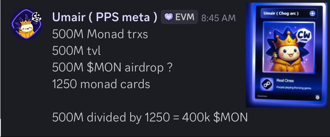 A social media post by 'Umair ( PPS meta )' discusses '500M Monad trxs' and '1250 monad cards' alongside a digital trading card featuring a crowned character.