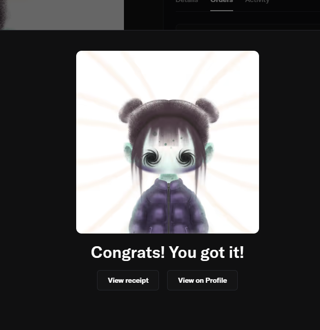 A digital artwork featuring a character with hypnotic spiral eyes wearing a beanie, displayed with the text 'Congrats! You got it!' above buttons labeled 'View receipt' and 'View on Profile'.