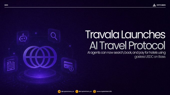 The image features a poster or advertisement for Travala's AI travel protocol. The text on the poster reads "Travala Launches AI Travel Protocol" and "Agents can now search, book and pay for more than 2.2 million hotels using Travalacom Base". The poster also includes several images of hotel rooms to showcase the capabilities of the AI travel protocol.
