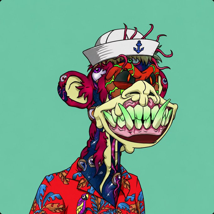 A colorful, surreal illustration of a man wearing a white sailor hat and red Hawaiian shirt, whose face has grotesquely transformed into a monstrous fanged maw surrounded by tentacles and eyeballs, set against a teal background.