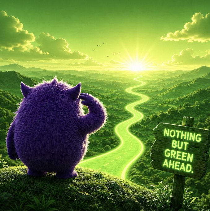 Digital artwork of a purple furry creature with horns gazing at a glowing green landscape with a winding path and a sign reading 'NOTHING BUT GREEN AHEAD.'