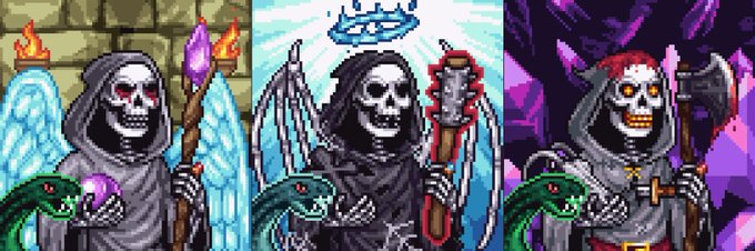 Three pixel art sprites of a hooded skeletal figure (grim reaper) in different color palettes — gray/blue with a purple staff, white/blue with a hammer and halo, and dark purple/red with an axe — each accompanied by a green snake.