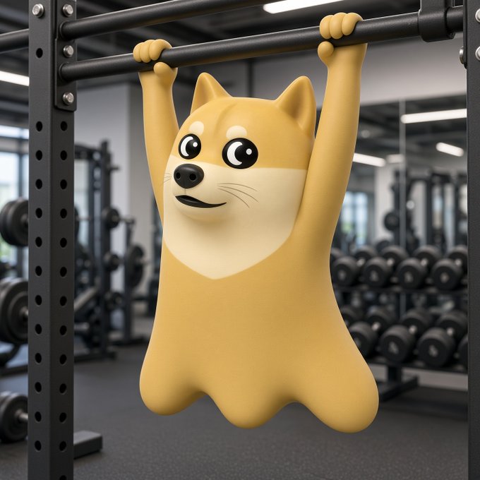 A 3D illustration of a cute Shiba Inu dog doing pull-ups at a pull-up bar in a gym.