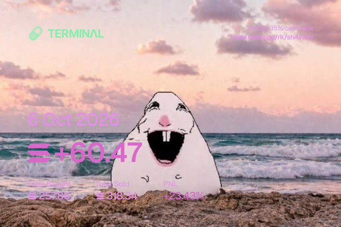 Stylized promotional graphic with 'TERMINAL' branding, dated '6 Oct 2026', displaying trading metrics including '₳+60.47', 'Total Profit ₳ 257.87', 'Items Sold 318.34', and 'PNL +23.48%', overlaid on a beach scene featuring a cartoon ghost character with buck teeth.