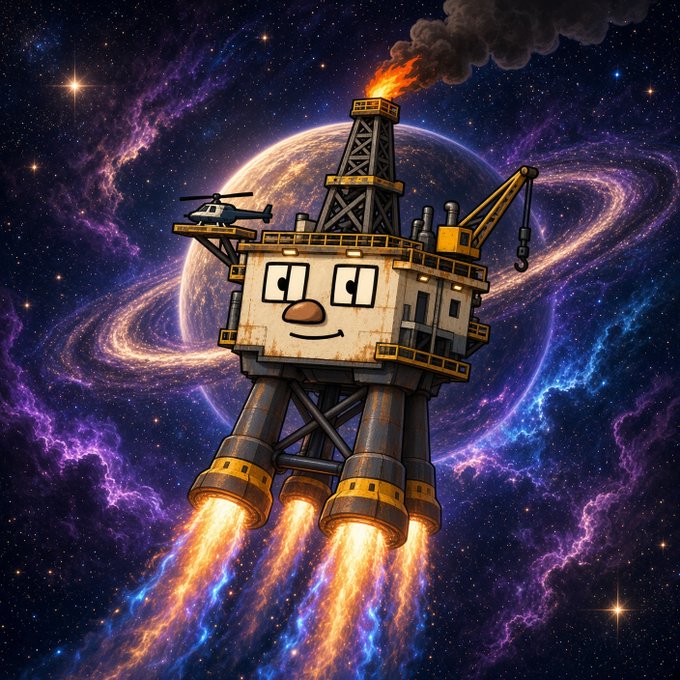 A whimsical illustration of an offshore oil rig with a cartoon face, rocket boosters, and flames flying through a purple cosmic galaxy.