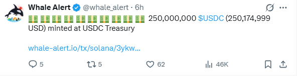 A screenshot of a Whale Alert tweet stating that 250,000,000 USDC (250,174,999 USD) was minted at USDC Treasury, with 5 replies, 62 likes, and 46K views.