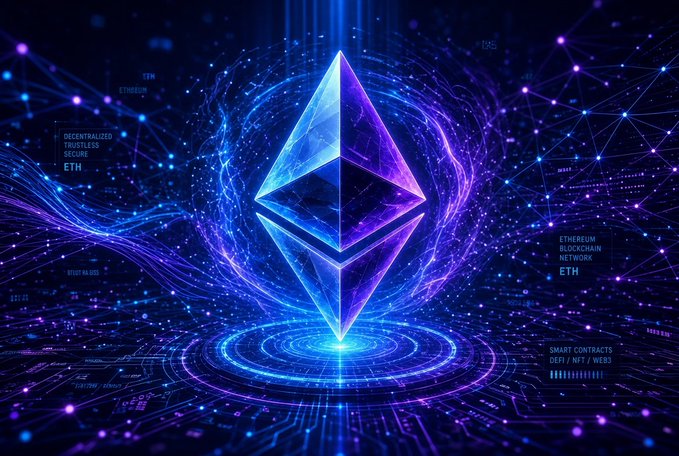 The Ethereum logo glows at the center of a futuristic digital network, surrounded by neon purple and blue circuitry and labeled with terms like "Decentralized Finance," "Ethereum Blockchain Network," and "Smart Contracts DEFI/NFT/Web3," visually reinforcing the cryptocurrency's strong rebound above the key $2,500 psychological level highlighted in the post.