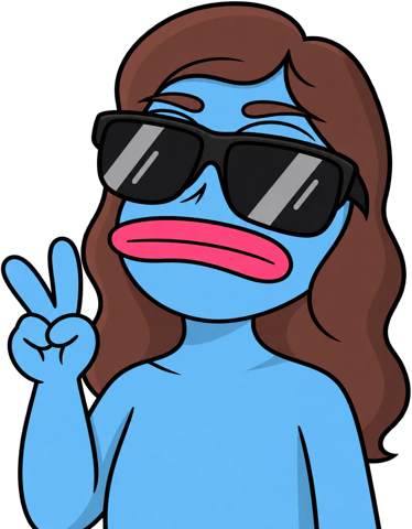 A cartoon-style sticker depicts a blue-skinned character with brown hair, wearing black sunglasses and making a peace sign.