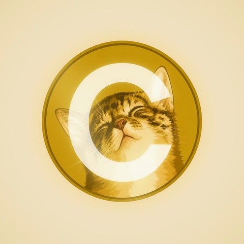 A glowing white "C" symbol frames a content-looking tabby cat inside a golden circular emblem, with the cat's eyes closed in a serene expression against a warm yellow background. The image visually personifies the "$CATE" token as the beloved feline mascot being fiercely supported by the poster, whose devotion mirrors the unconditional loyalty often associated with cats.
