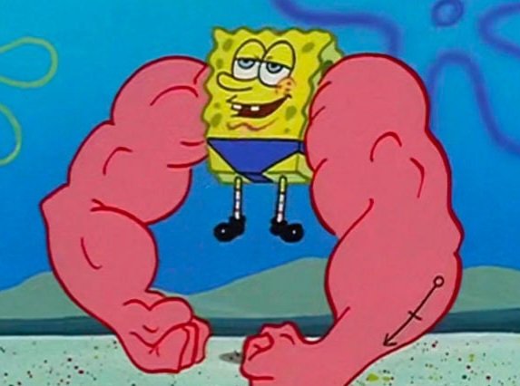 The image shows SpongeBob SquarePants with exaggeratedly large muscular arms, symbolizing immense strength in a humorous, meme-like fashion. This ties to the "HYPE showing strength" caption, using the visual metaphor of flexing powerful arms to represent the bullish, rising momentum of HYPE in the market.