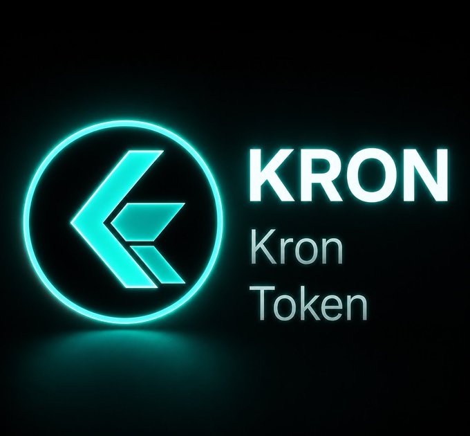 A glowing teal neon logo for 'KRON' / 'Kron Token' displayed against a black background, featuring a stylized 'K' inside a circle.