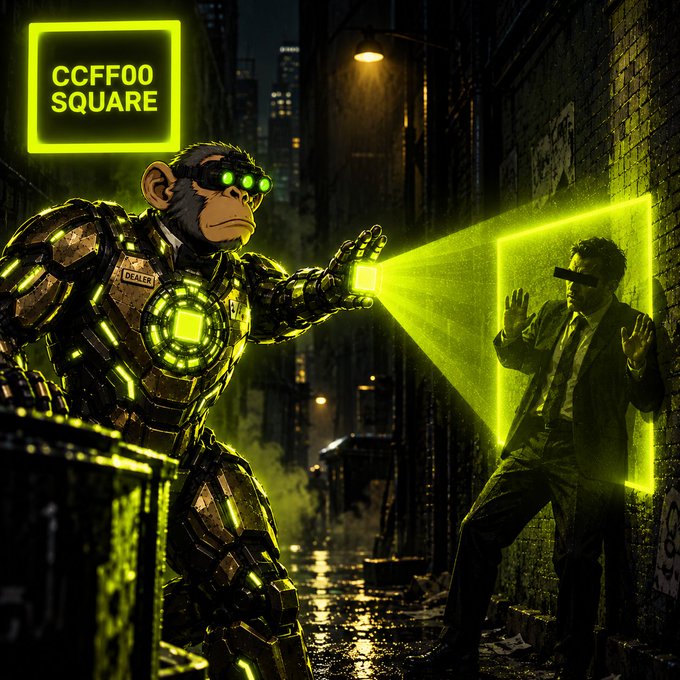 A cyberpunk-style illustration featuring a large armored monkey/ape character with glowing green goggles and chest plates labeled 'DEALER' shooting a green energy beam at a man in a suit against a dark urban alley backdrop, with a 'CCFF00 SQUARE' logo in the top left.