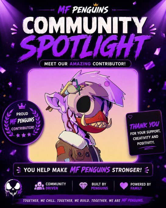 A vibrant purple promotional graphic for 'MF PENGUINS COMMUNITY SPOTLIGHT' featuring a skull-wearing, tusked cartoon character and text reading 'MEET OUR AMAZING CONTRIBUTOR!' and 'YOU HELP MAKE MF PENGUINS STRONGER!'.