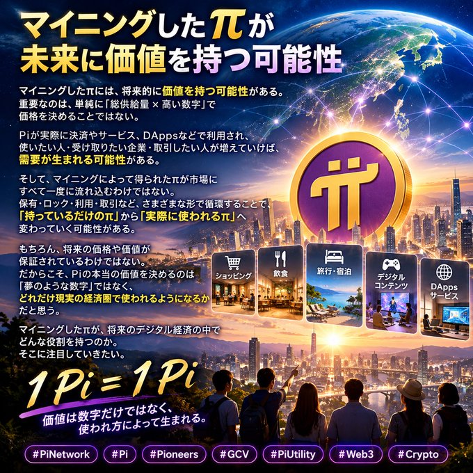A Japanese promotional graphic for Pi cryptocurrency features a large Pi coin logo and the headline 'マイニングしたπが未来に価値を持つ可能性' (The possibility that mined π will have value in the future). It uses the slogan '1 Pi = 1 Pi' and includes hashtags like #PiNetwork and #Crypto.