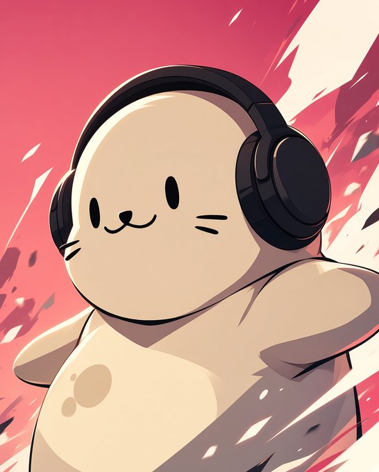 An illustration of a cute, round beige creature wearing black headphones, with a pink and white abstract background.