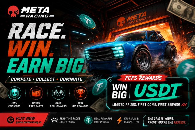 A promotional banner for Meta Racing advertises an FCFS reward pool where players can "RACE, WIN, EARN BIG" in USDT by competing in real-time races, unboxing rare parts, and winning big rewards. The image aligns with the accompanying post by promoting the Meta Racing TaskOn campaign running through August 27, which offers 50 USDT in rewards for participants who join via the provided link.