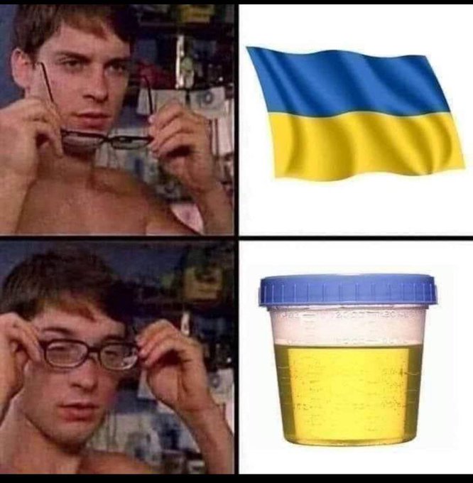 A four-panel meme showing a young man putting on glasses next to a Ukrainian flag, and taking off glasses next to a urine sample cup.