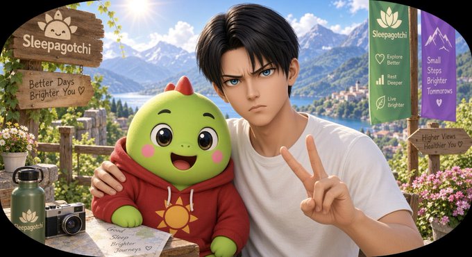 An illustration shows an anime-style character posing with a peace sign alongside a green mascot in a 'Sleepagotchi' promotional image.