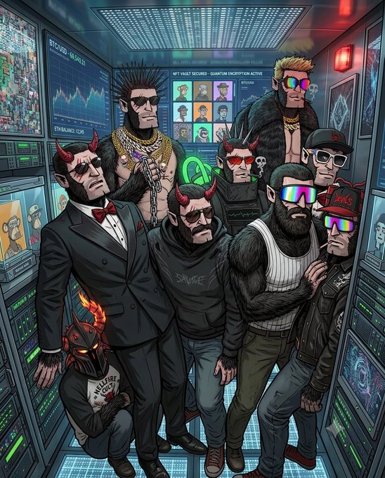 A group illustration of edgy, cartoon-style characters wearing sunglasses, gold chains, and a devil horned figure, standing in a room filled with crypto trading screens and charts.
