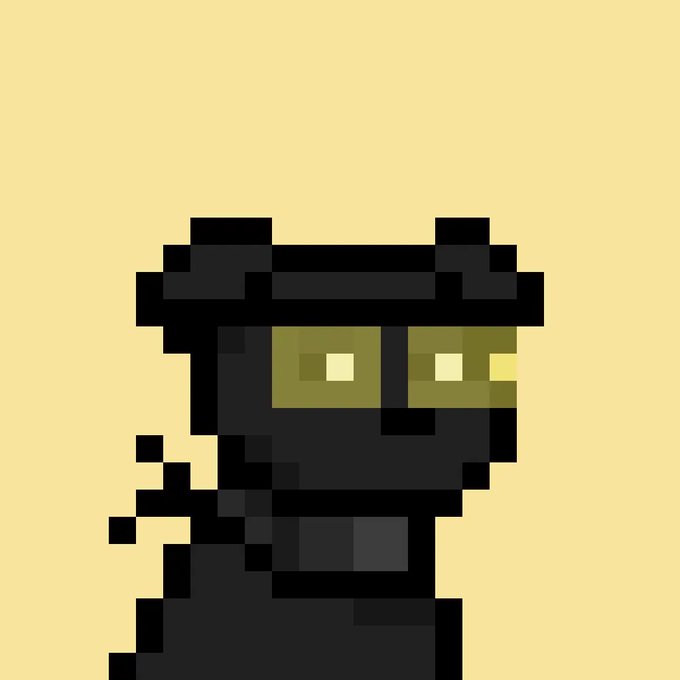 A simple pixel art illustration featuring a small, dark, hooded or masked figure with glowing yellow-green eyes against a plain yellow background.