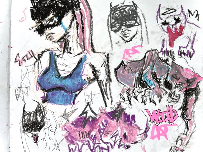 A raw, expressive sketchbook page features stylized female figures rendered in pink, blue, and black, accompanied by bold graffiti-style lettering including words like "DEATH," "LOVE," and "WAR," fitting the raw "gm" (good morning) energy of the post.
