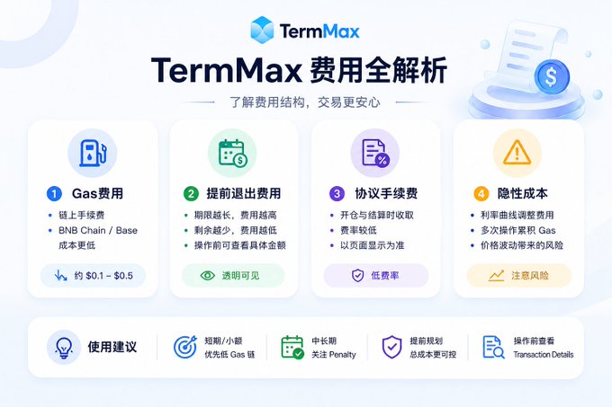 The image shows a white poster with four columns, each representing a different term Max feature or service. The first column displays the gas fees for transactions on-chain, while the second column provides information about the gas limit. The third column lists various terms and conditions, including the maximum transaction size and the maximum number of transactions allowed per hour. The fourth column contains a list of services offered by TermMax.