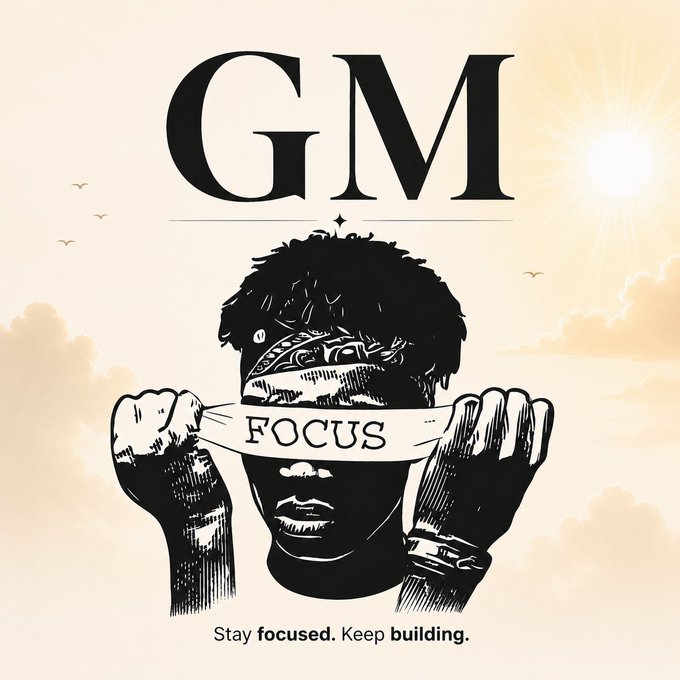 A black and white illustrated graphic features "GM" at the top, a person holding a "FOCUS" banner over their eyes, and the tagline "Stay focused. Keep building." against a sunlit cloudy background—visually reinforcing the "Good morning CT" post's message of starting the day with focus.