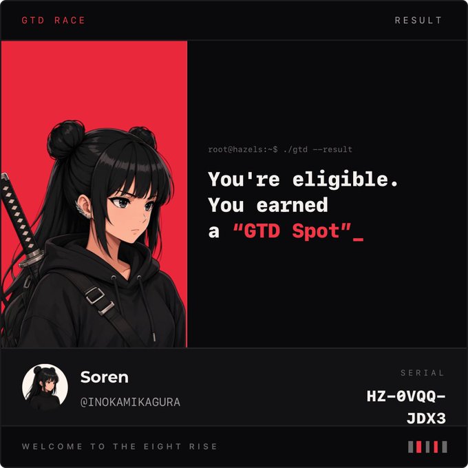 A "GTD Race Result" card confirms that user Soren (@INOKAMIKAGURA), serial HZ-0VQQ-JDX3, is eligible for a "GTD Spot" via the root@hazels command prompt. The image visually represents the post's announcement about the newly launched eligibility checker, showing a successful result with the message "You're eligible. You earned a 'GTD Spot'."