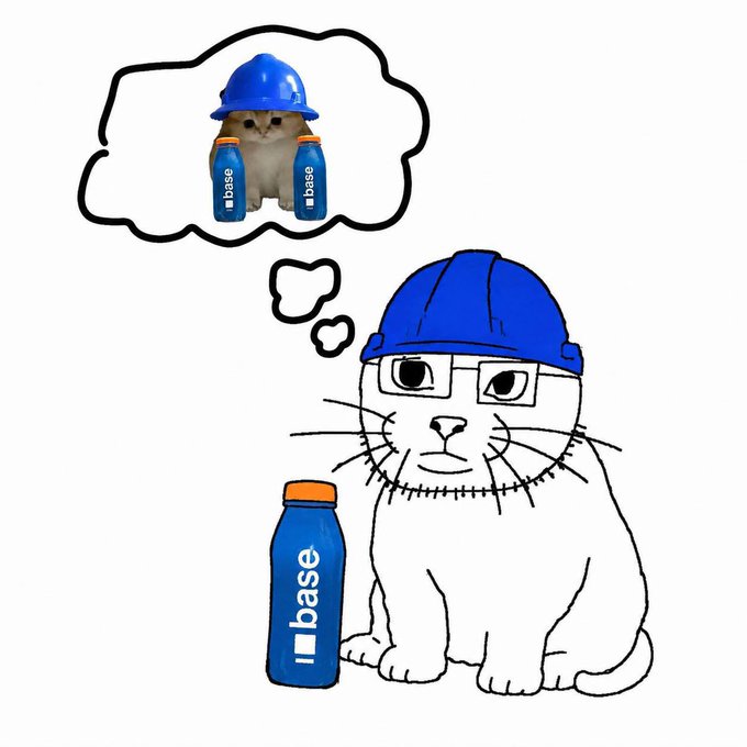A cartoon white cat wearing a blue hard hat sitting next to a blue 'base' branded water bottle, with a thought bubble showing a real cat wearing the same hard hat between two base water bottles.