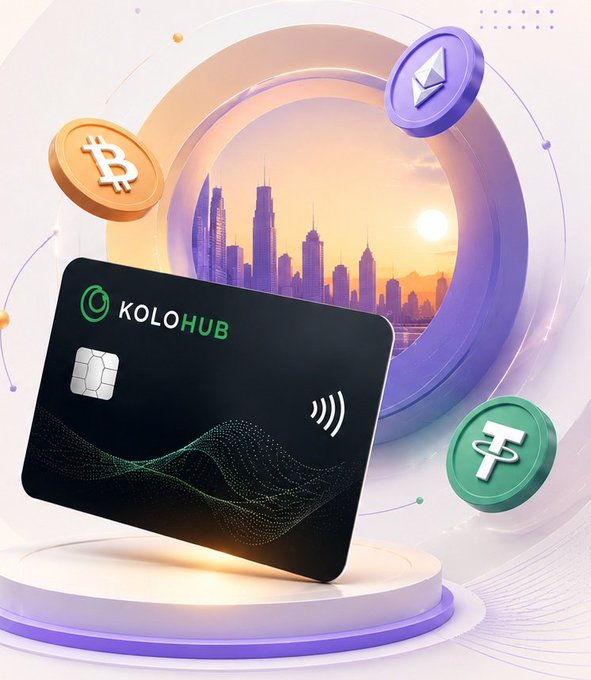 The image features a black credit card with a green logo, which is displayed prominently against a purple background. The credit card has a digital wallet attached to it, indicating its integration into modern financial systems. The text "koloHub" is also visible in the image, suggesting that this card may be associated with a specific crypto exchange or platform.