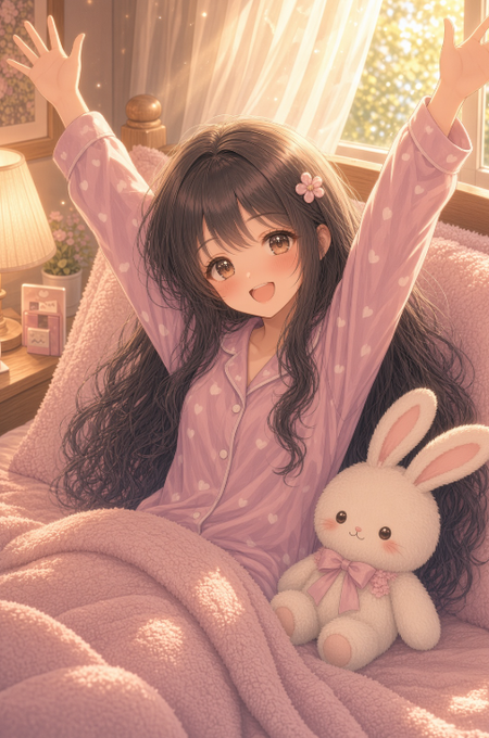An anime-style illustration of a young girl in pink pajamas stretching happily in bed with a white bunny plush toy beside her.