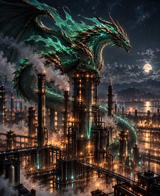 A colossal, emerald-scaled dragon looms ominously over a sprawling industrial refinery complex at night, its serpentine body weaving through smokestacks and glowing pipelines beneath a moonlit sky. The scene embodies the post's reference to "The Incinerator," portraying the dragon as a menacing, industrial-scale force dominating the fiery landscape.