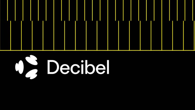 The image displays a black background with yellow vertical lines resembling an orderbook depth chart at the top, and the "Decibel" logo with its white splash-like icon and text below, visually representing the orderbook trading platform referenced in the post.