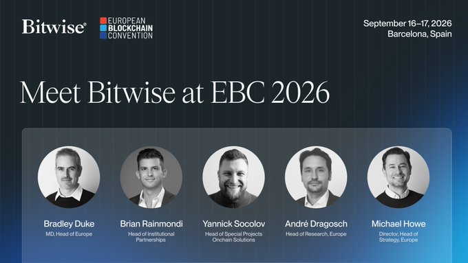 A promotional graphic for Bitwise at the European Blockchain Convention (EBC) 2026 in Barcelona, Spain on September 16-17, 2026, featuring headshots of Bradley Duke, Brian Raimondi, Yannick Socolov, André Dragosch, and Michael Howe.